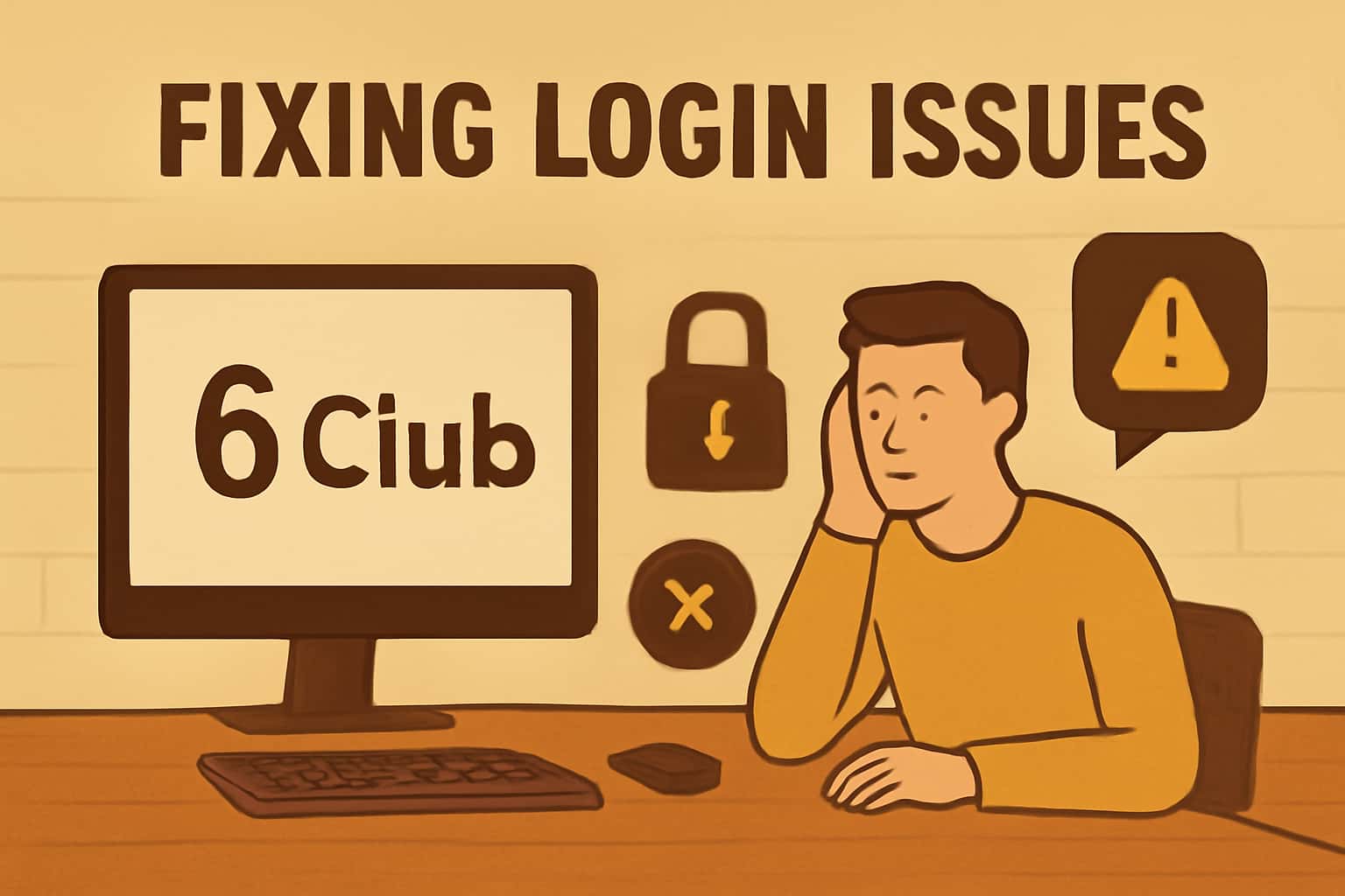 An informative scene depicting troubleshooting steps for 6 Club login issues.